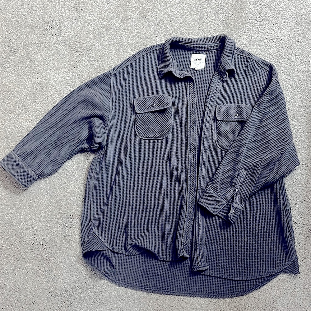 Aerie Gray-Blue waffle button down shirt
